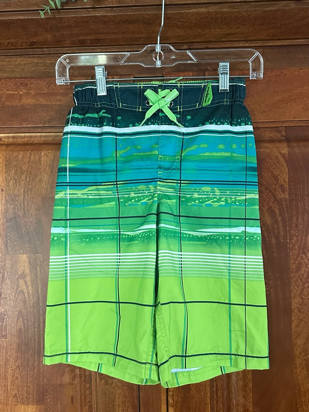 ZeroXposur Green and Teal Striped Boys Swim Trunks